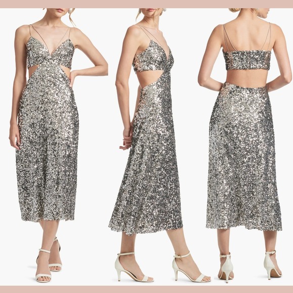 NWT $475 Sachin & Babi [ 10‎ ] Roux Sequin Cutout Midi Dress in Silver - Picture 1 of 15